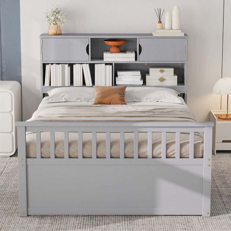 Captain Platform Bed Frame with Storage Bookcases and Shelves,Four Drawers, Full, Grey