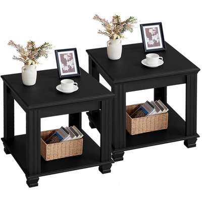 Farmhouse End Table Set of 2,Large Side Table With 2-Tier Storage Shelf,Rustic Wood End Tables For Living Room,Square Tea Table, Black