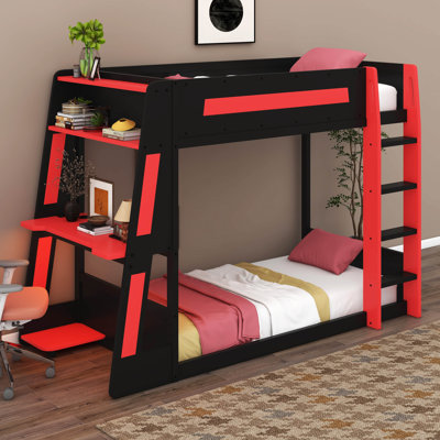 Lit superposé simple en bois avec bureau, deux tablettes de rangement, lumière USB et DEL, lit mezzanine robuste pour les joueurs et les petits espaces
