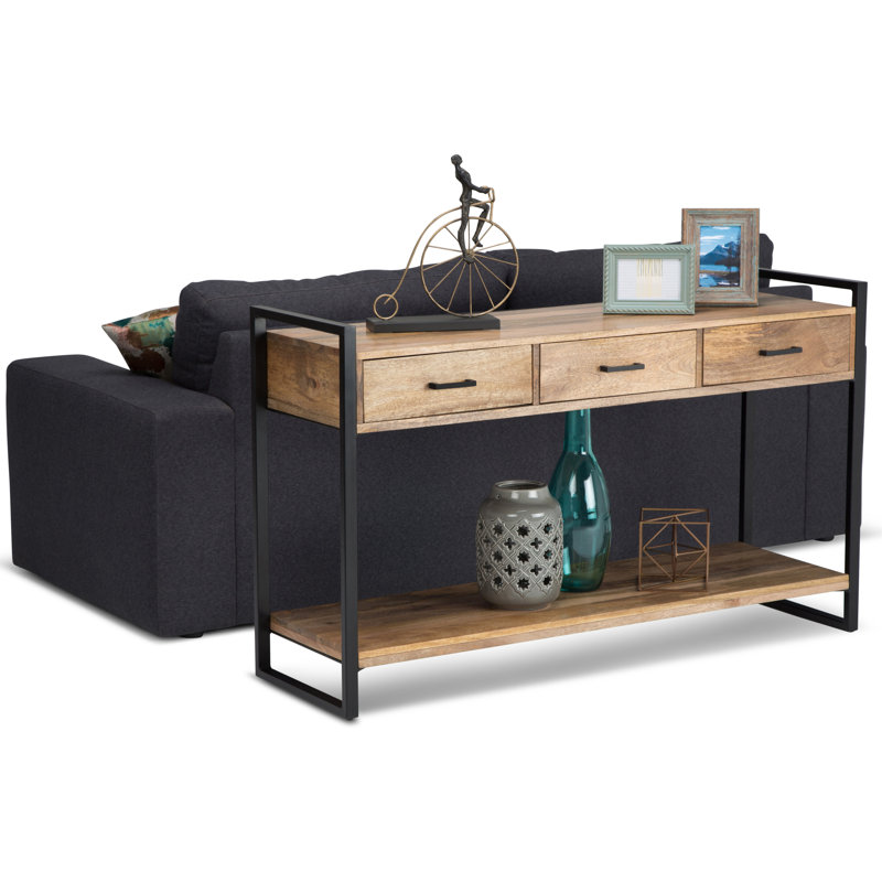 Riverside 54"W Solid Mango Wood Modern Industrial Sofa Table with 3 Drawers, Open Shelf and Metal Frame