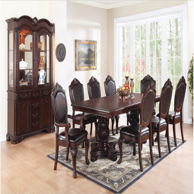 Table de salle à manger classique avec chaises d'appoint et table d'appoint brun, 9 pièces : table, 8 chaises
