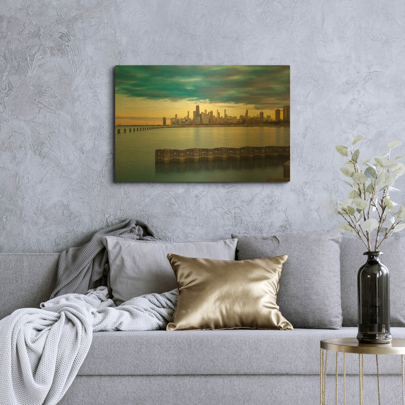'Chicago - Golden Hour' By AKG Gold Metal Wall Art, 16" x 12", 36"x24"
