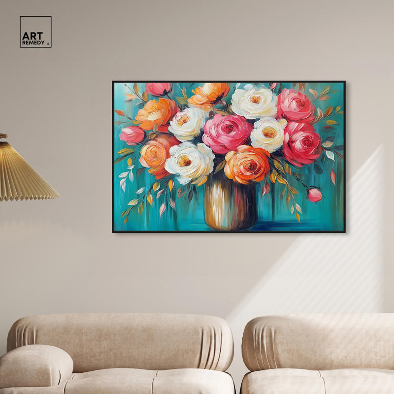 «Peachy Reverie», art floral coloré par Dakota Fields, H 11 po x l 16 po, Cadre noir