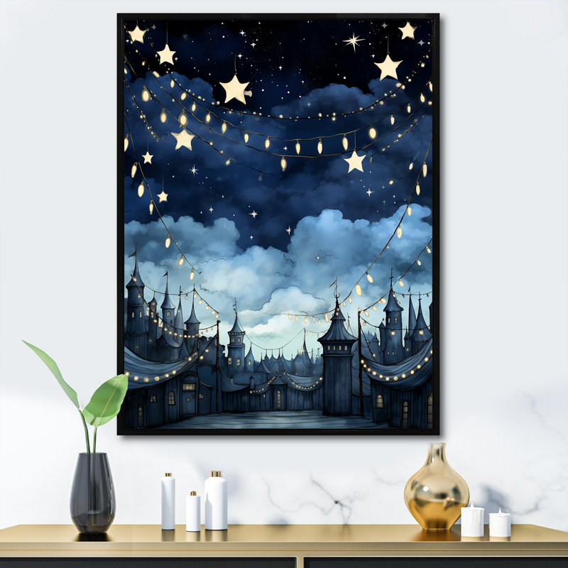«Child Nursery Starry Night II» - Art mural pour chambre de bébé, Cadre flottant noir, H 20 po x l 12 po x P 1 po