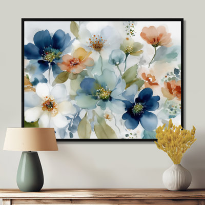 Aquarelle, champs de fleurs sauvages bleues et oranges en France - fleurs murales, impression sur toile florale bleue