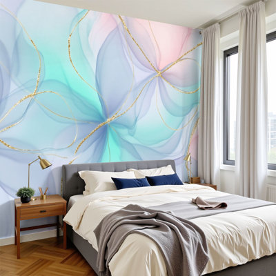Peel and Stick Wallpaper Abstract Pastel Floral Gold Accents Wall Murals 100"H x 144"W Removable PVC Wall Paper Self-Adhesive Wall Decor for Bedroom Living Room Home Office