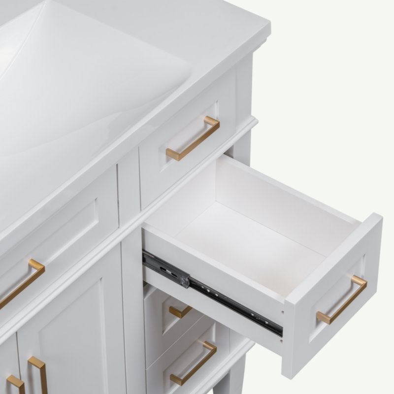 Meuble-lavabo de 36 po avec lavabo en résine, armoire de salle de bain moderne avec deux portes à fermeture douce et quatre tiroirs