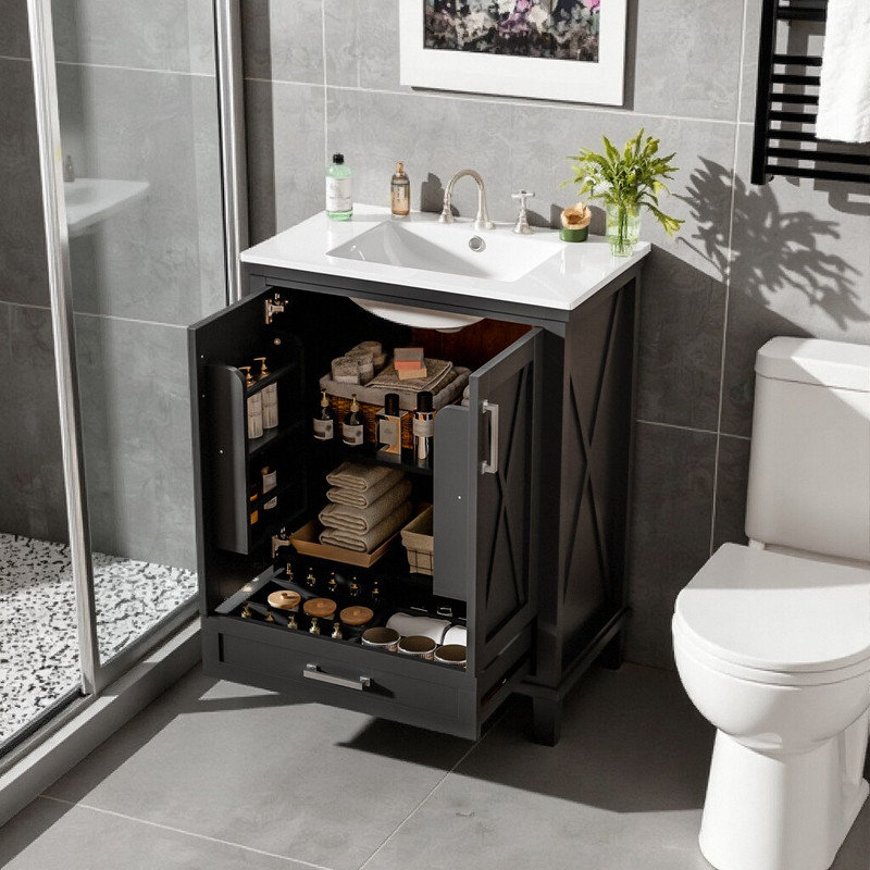 24-Inch Bathroom Vanity With Ceramic Sink, Divided Drawer & Soft-Close Doors, Black