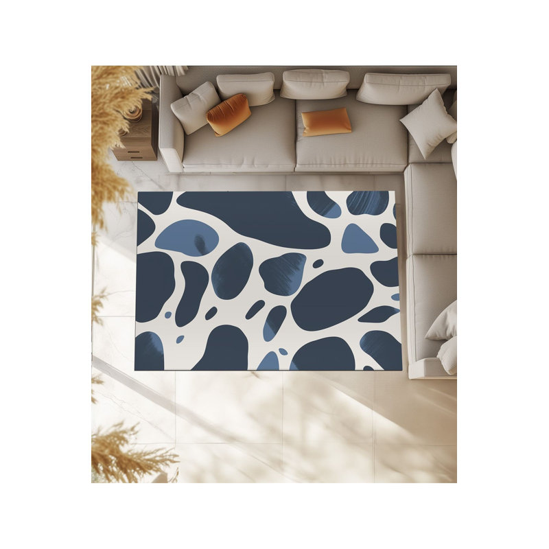 Tapis bleu tissé lavable à la machine à motif cailloux, Sous-tapis carré 3 pi 3 po inclus