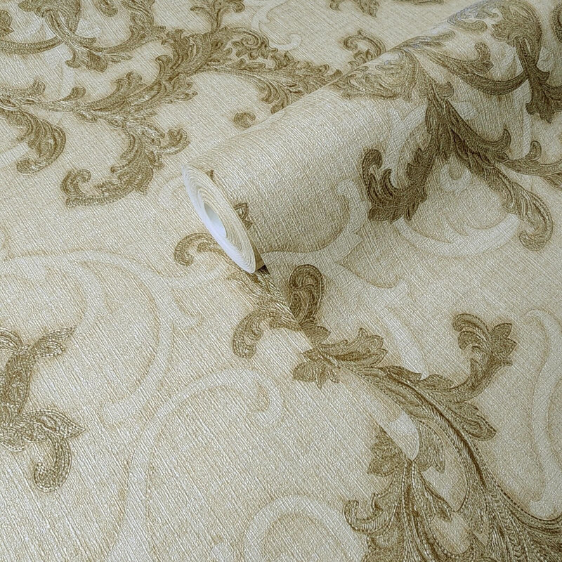 Rouleaux de papier peint damassé calligraphie beige laiton Barocco