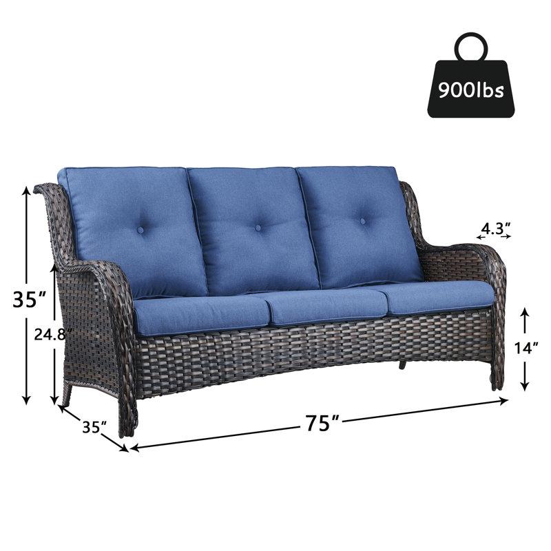 Tonry 75" Wide Outdoor Patio Sofa with Cushions, Brown, Blue