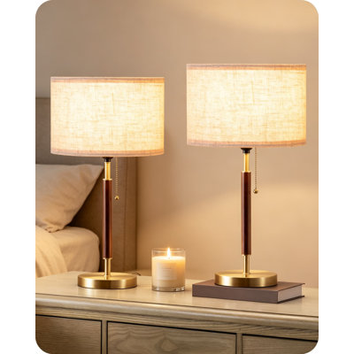 Ensemble de 2 lampes de table Mid-Century avec interrupteur à chaînette avec abat-jour en lin, poteau en bois massif et base en métal brossé bronze pour chambre à coucher, salon, bureau, base E26