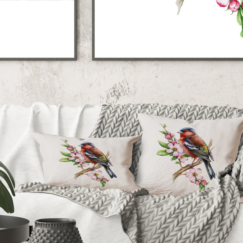 Oiseau pinson avec fleurs de pommier roses - Coussin décoratif traditionnel imprimé 1