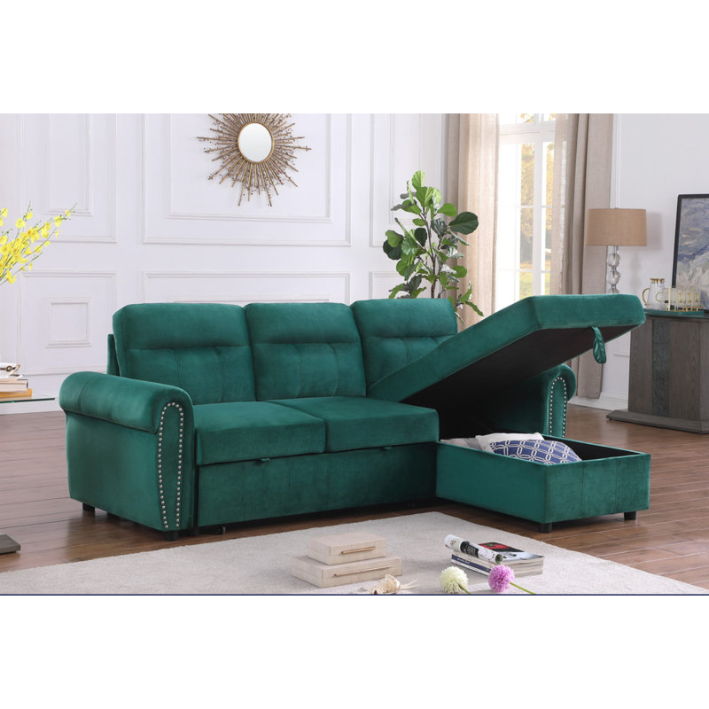 Mercer41 Ashton 96.5"W Green Velvet Fabric Reversible Sleeper Sectional ...