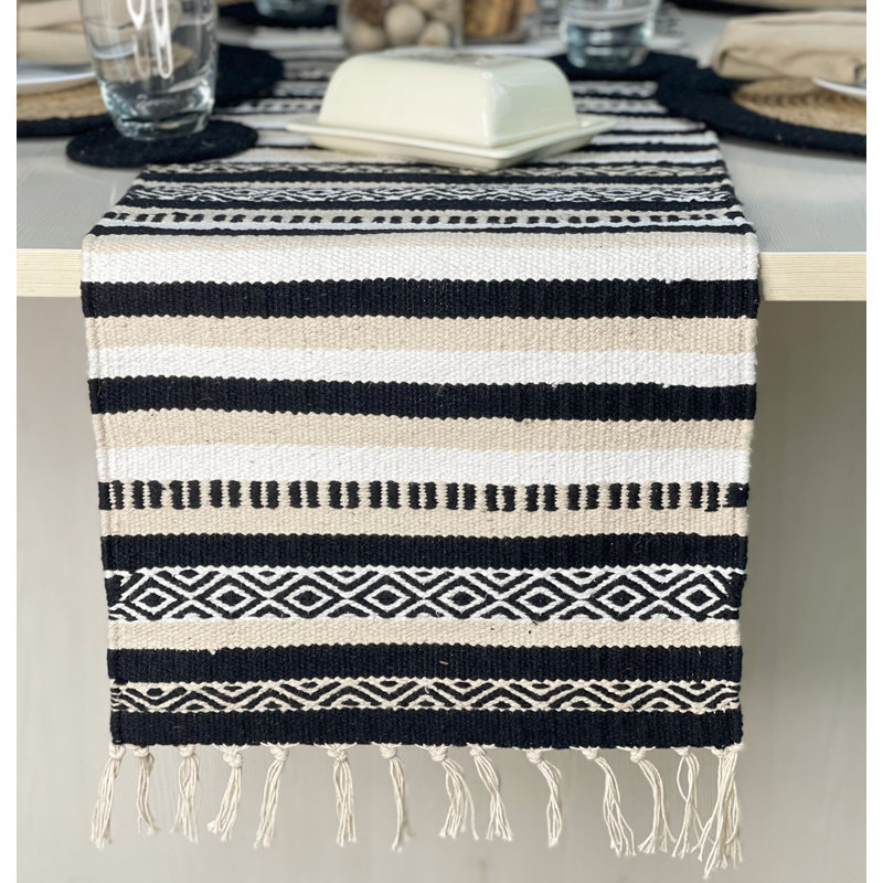 Montano Geometric Cotton Blend Table Runner, Black/White, 72" Rectangle