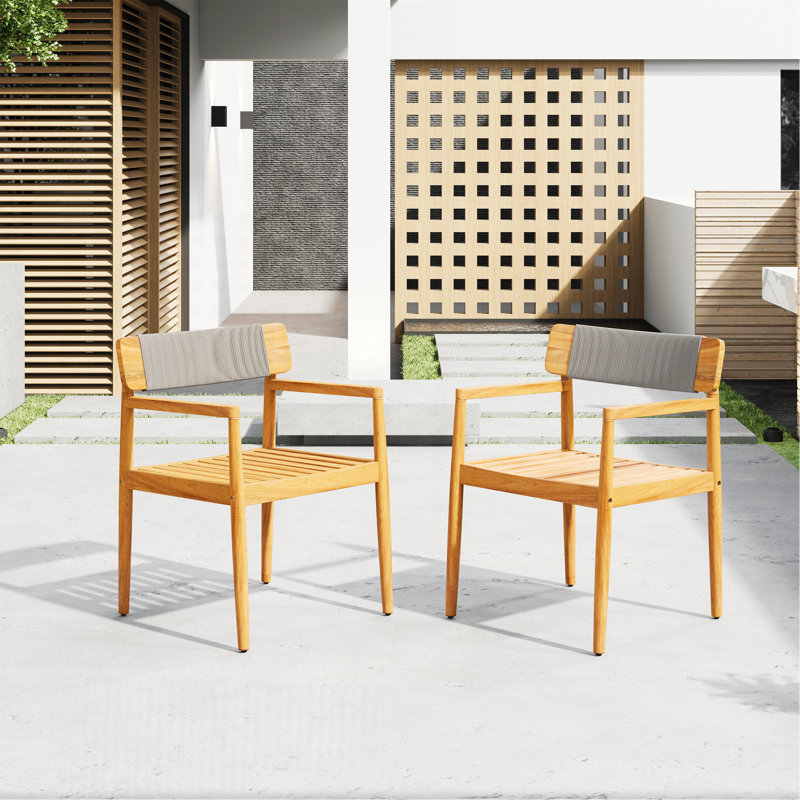 Creative Braided Acacia Wood Outdoor Dining Chairs With Armrests, Suitable For Outdoor Dining And Leisure Places, Teak Look & Grey Rope,Set Of 2