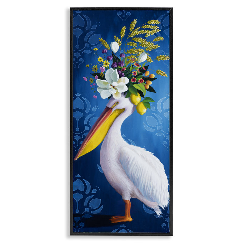 Floral pélican sur damas, estampe numérique, design par Heather, H 24 po x l 10 po, Giclée encadrée noir minuit