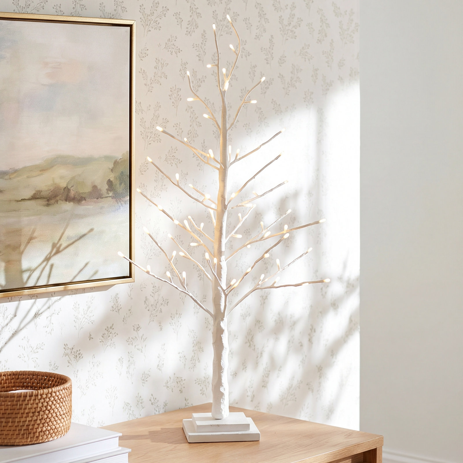 Lighted Glittered Twig Tabletop Tree, White, 36" H x 17" W x 17" D