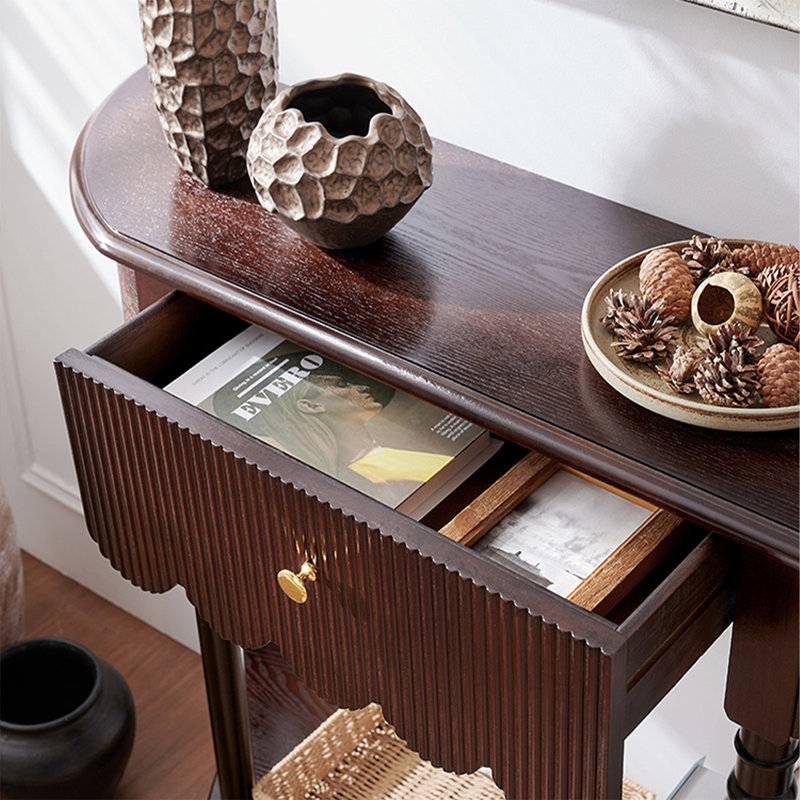 Brown Solid wood Half-circle Console Table, 34.65" H x 35.43" W x 11.81" D