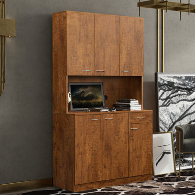 Grande armoire et armoire de cuisine en noyer de 69,35 po Chevalier. 6 portes, 1 tiroir, tablette ouverte. Durable, facile à nettoyer et à installer. Assemblage rapide et résilient.