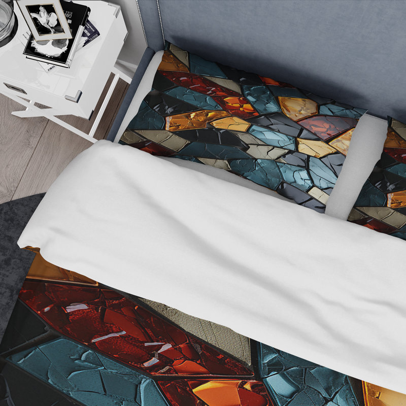 Ensemble de housse de couette mosaïque cubique dorée et bleue I - Abstract Tile, Housse de couette pour très grand lit