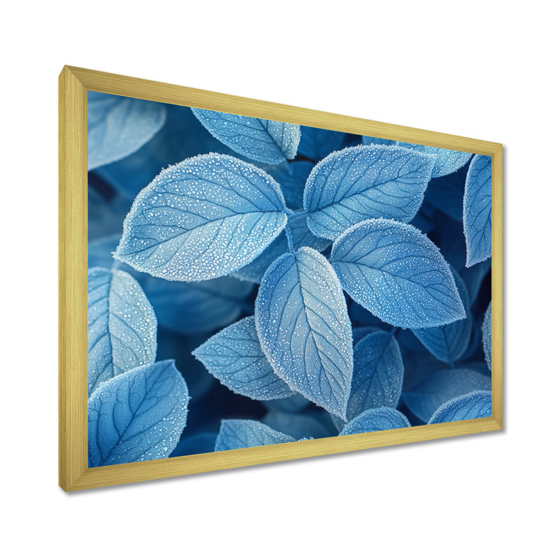 «Ifraz Frost Blue Leaves Tranquility II - LEAVES», art mural grand format, H 30 po x l 40 po, Picture Framed, Doré