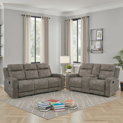 Huson Traditional Manual Reclining 3-Piece Living Room Set with Textured Microfiber Upholstery, Tab Pull Motion & Foam over Pocket Coils Comfort