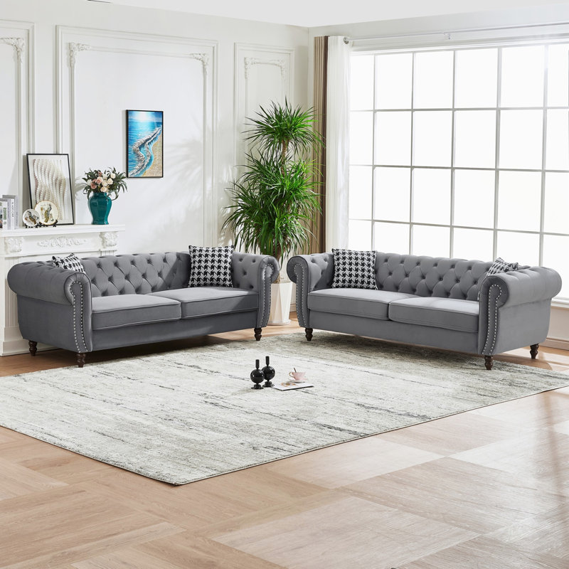 Canapé en tissu 87 po Chesterfield, Gris, H 29 po x l 87 po x P 33 po