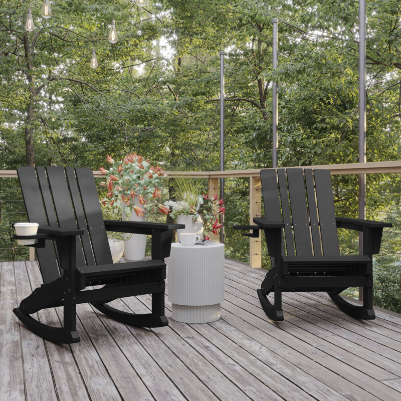 Chaise Adirondack berçante commerciale toutes saisons Balynda avec porte-gobelet pivotant, Noir