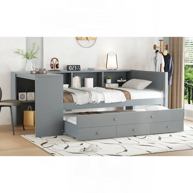 Lit de jour simple avec lit gigogne, structure de lit de jour en bois avec tiroirs de rangement et tablettes latérales, lit de jour avec bureau, aucune boîte à ressorts nécessaire, gris
