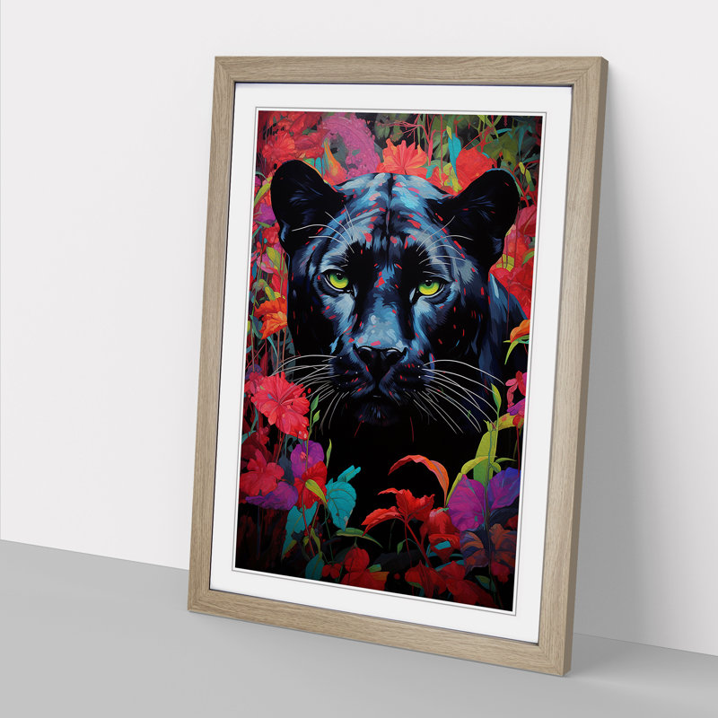 Panther Colour Field - Single Picture Frame Print on Wood, 46cm H x 34cm W x 2cm D, Oak 