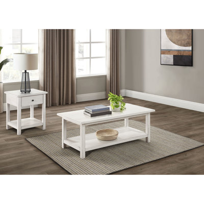 Rustic Distressed White 2 - Piece Coffee And End Table , Rectangular Shape, Pine Wood, Shelves Drawer Storage, Vibe Tables, Wood Veneer, Shelf For Sto