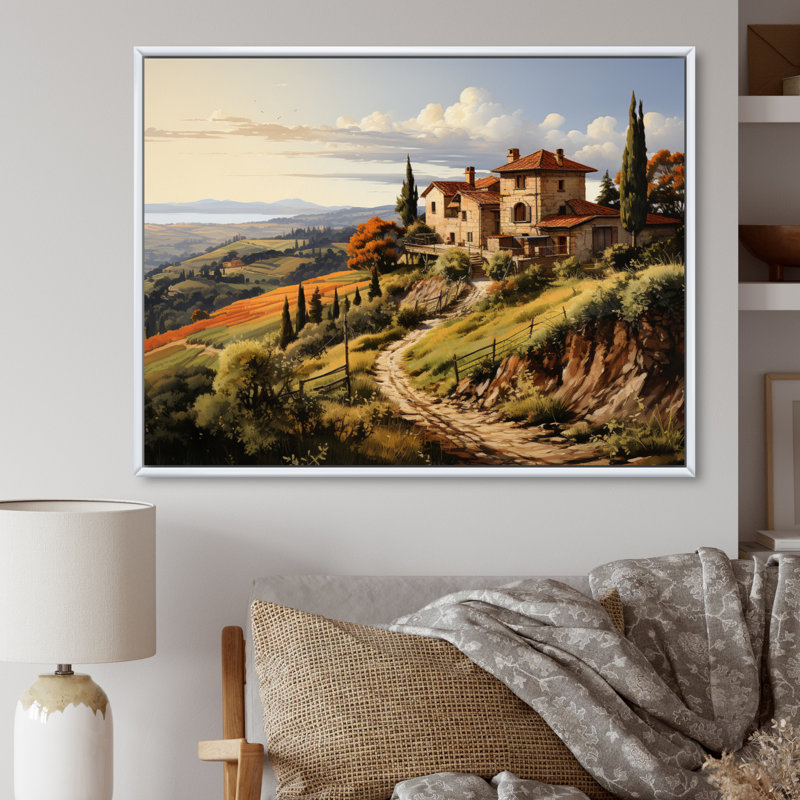«Country Charm Tuscan Splendor», art mural campagne, H 34 po x l 44 po x P 1,5 po, Cadre flottant blanc