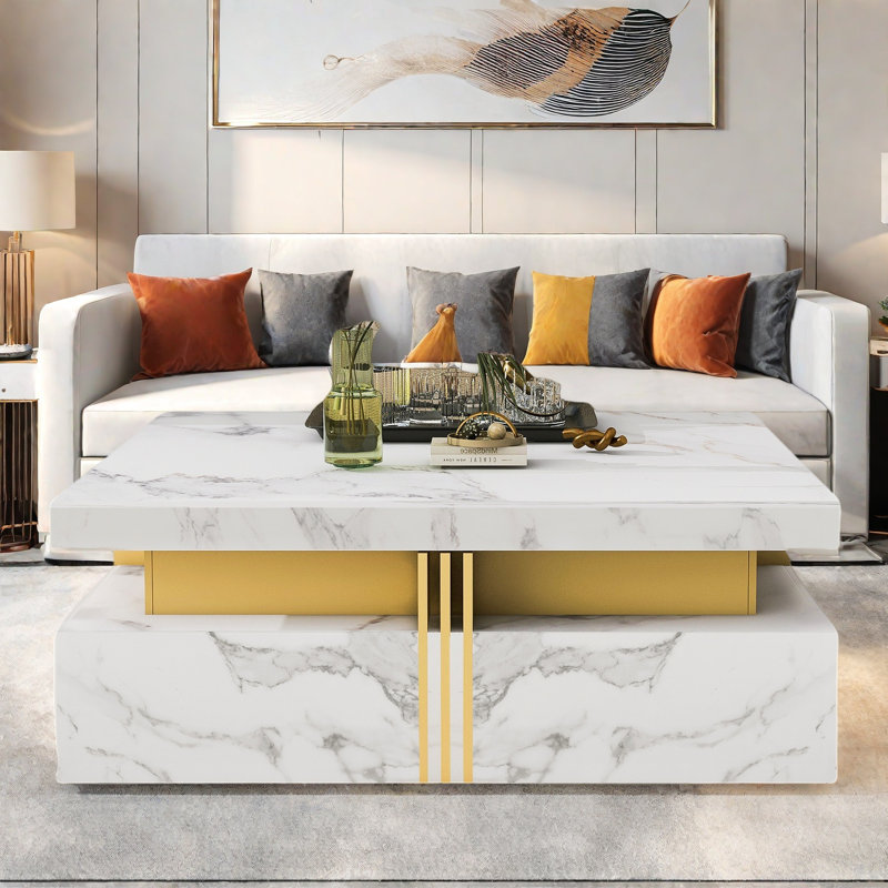 Modern Square Storage Coffee Table with 4 Drawers Contemporary Storage Table Cocktail Table Living Room Table, White Marble