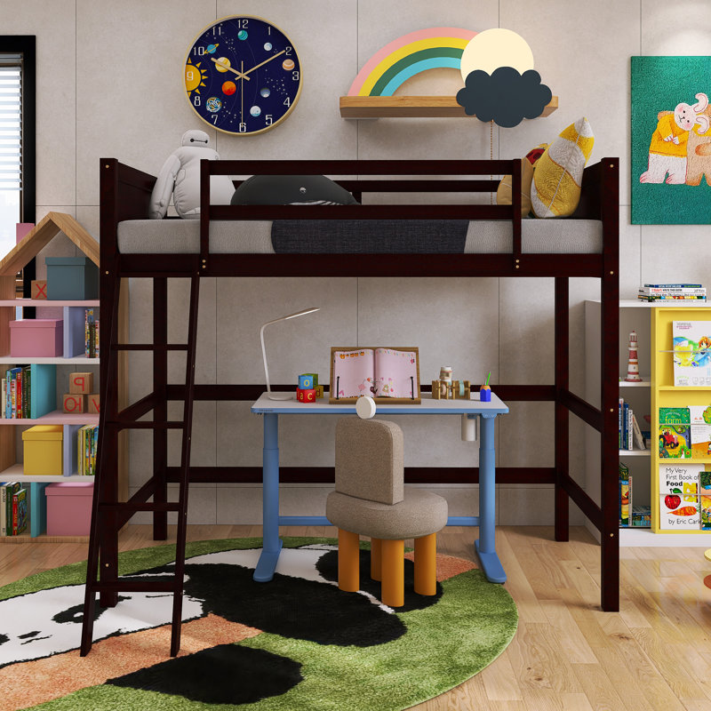 Lit mezzanine simple à cadre en bois avec échelle, Espresso