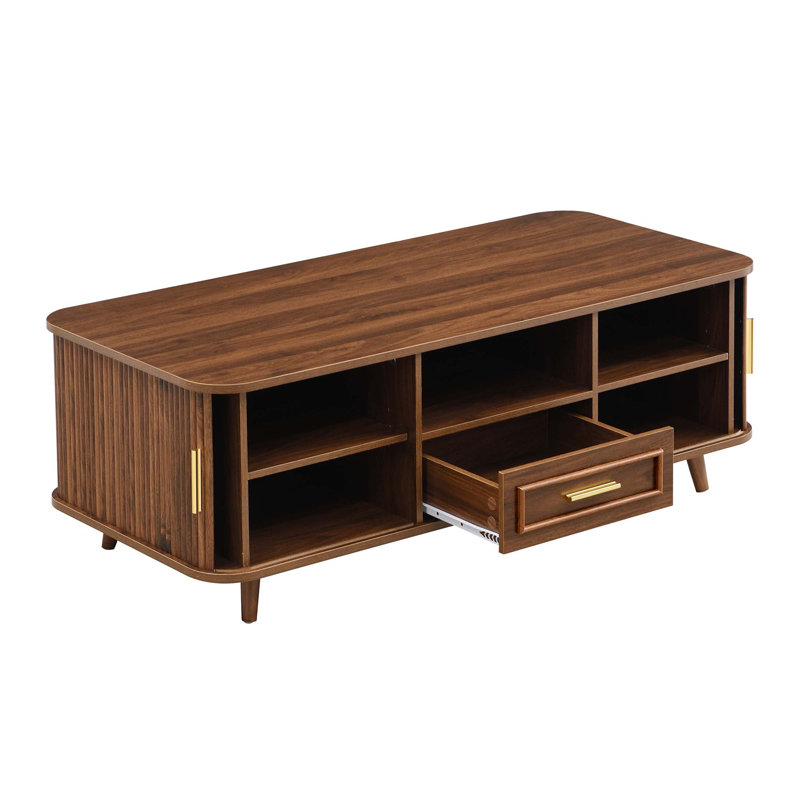 Table basse Mid-Century moderne avec portes tambour, rangement spacieux à 6 compartiments pour le salon organisé