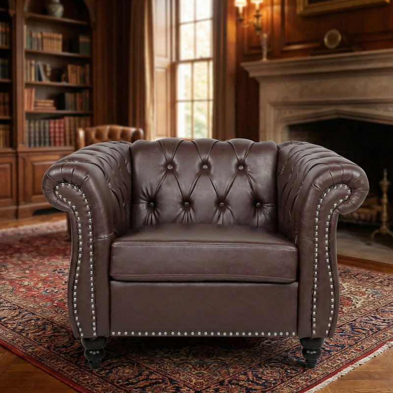 Classic Chesterfield PU Leather Sofa with Tufted Back, Rolled Arms & Nailhead Trim, 1, Dark Brown