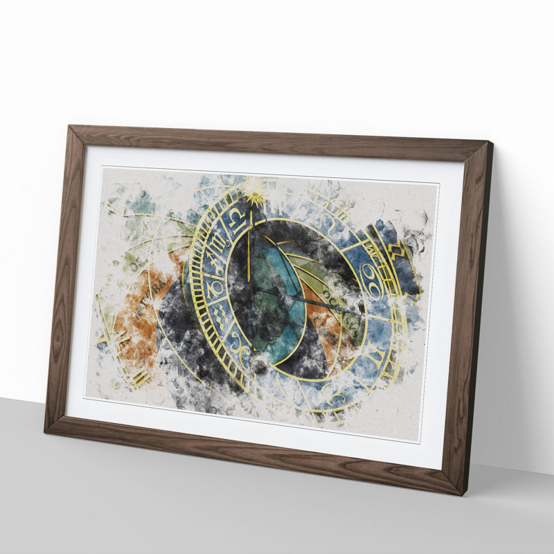 Astronomical Clock in Prague Watercolour - Picture Frame Graphic Art, 48cm H x 65cm W x 2cm D, Walnut