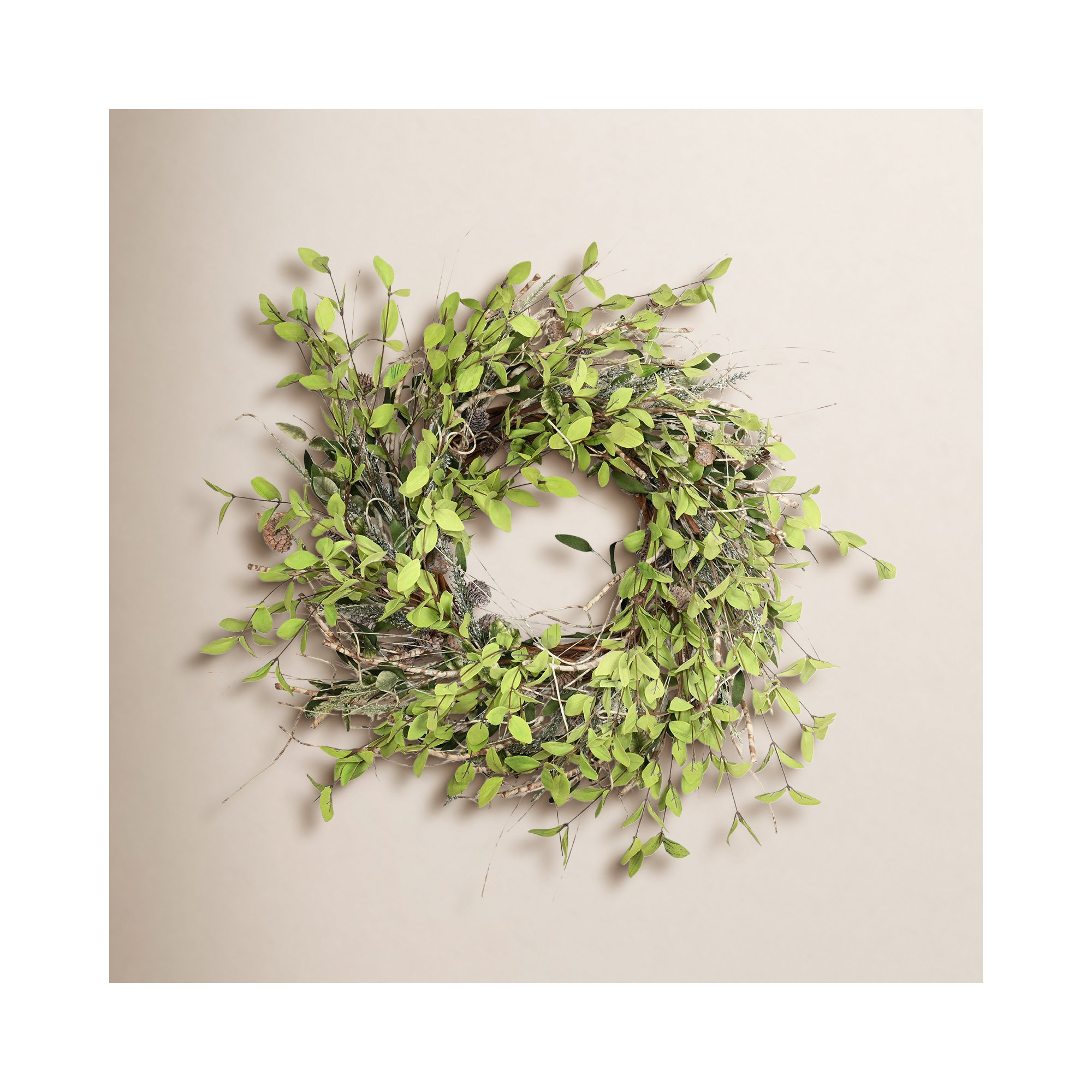 26" Artificial Farmhouse Birch Blossom Cluster Fall Foliage Berry Pinecone Thanksgiving Day Harvest Front Door Wreath, Green