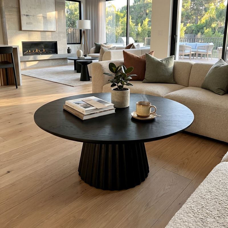 Table basse de 40 po en bois massif avec piédestal et table basse moderne, Noir