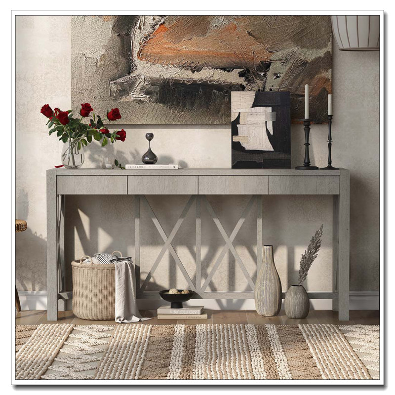 60''Acacia Veneer Console Table with 4 Spacious Drawers, Grey 2