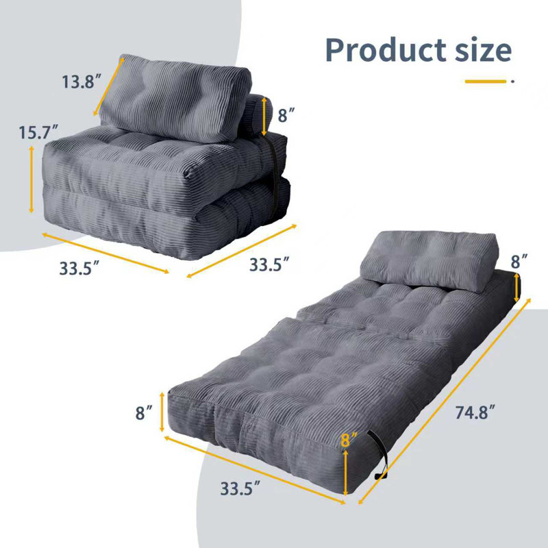 Canapé-lit modulaire convertible de 33,5 po avec capitonnage pour espaces compacts - aucun assemblage requis, Gris