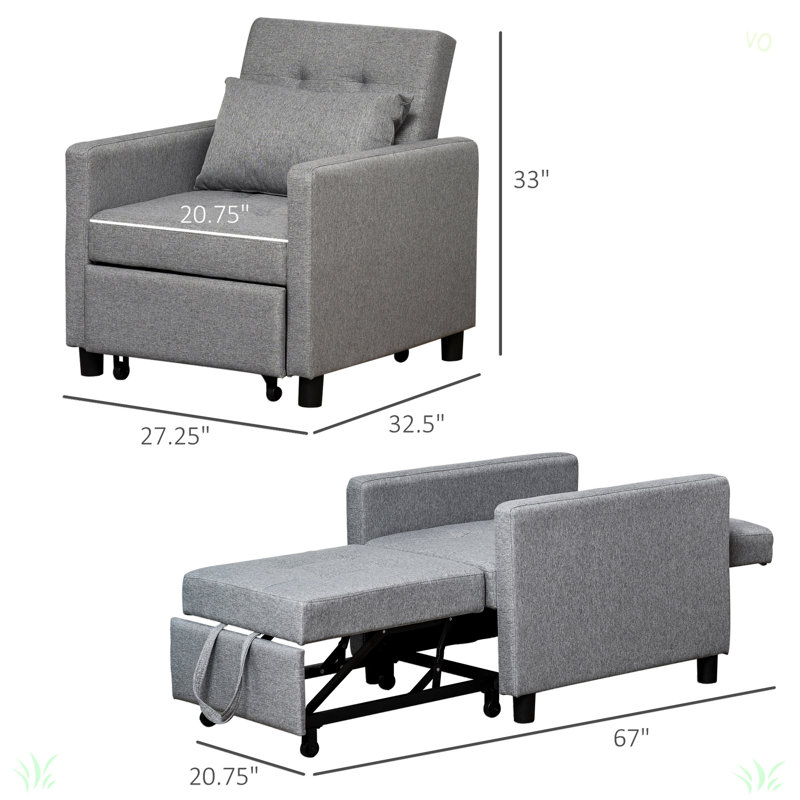 Convertible Sofa Lounger Chair Bed Multi-Functional Sleeper Recliner With Tufted Upholstered Fabric, Adjustable Angle Backrest, And Pillow