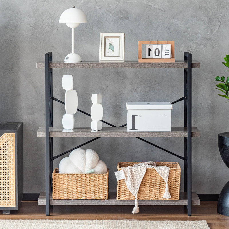 3 Tier Industrial Style Open Bookshelf with Metal Frame for Freestanding Placement, Grey
