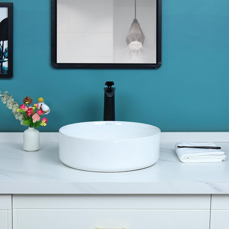 Lavabo de salle de bain vasque circulaire en céramique polie avec bonde escamotable 16 po Davivy