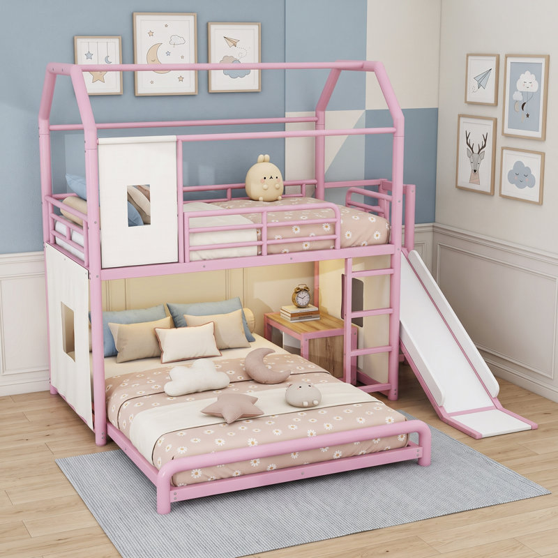 Lit superposé en métal avec bande lumineuse, glissade, tablettes et tringle, Jumeaux sur complet, Rose