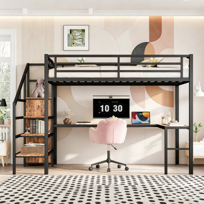 Lit mezzanine en métal avec bureau en forme de L, lit en métal robuste avec station de charge, lumière DEL et garde-corps pleine longueur, lit mezzanine multifonctionnel, lit mezzanine en métal noir pour chambre à coucher, dortoir