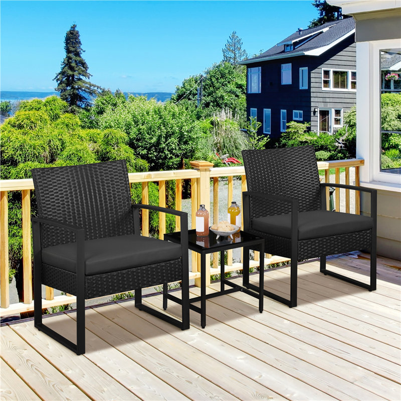 Ensemble de meubles de patio 2 personnes Bowmore avec chaises rembourrées en rotin et table en métal, Noir