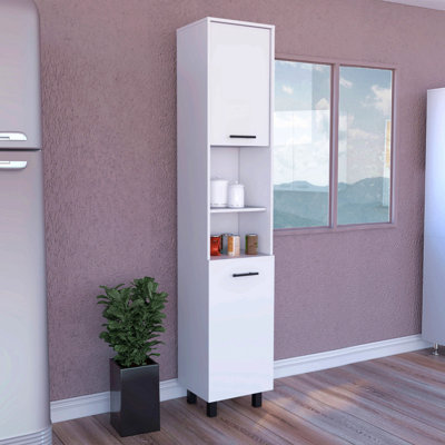 Kitchen Pantry H 79 ", deux tablettes de rangement ouvertes, trois tablettes internes, deux portes, quatre pieds