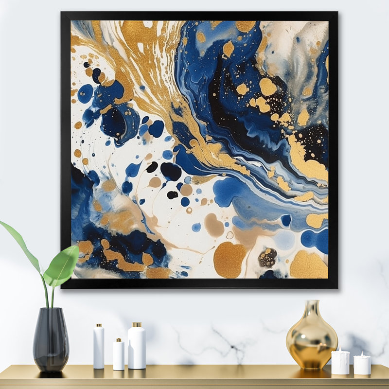 Motif abstrait avec des textures bleues et dorées en X, Cadre simple noir, H 30 po x l 30 po x P 1 po